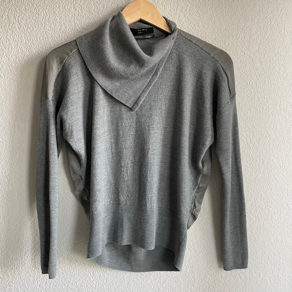 All Saints Merino Wool Mixed Media Asymmetrical Cowl Neck Sweater Grey Small